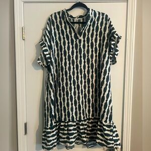 Green & Black dress with ruffle hem trim & rolled sleeves.  3X SHEIN